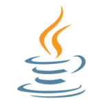 Java logo featuring an orange flame-like design above a blue coffee cup with a circular base, symbolizing energy and creativity in programming.