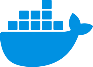 Docker logo with a blue whale carrying software containers.